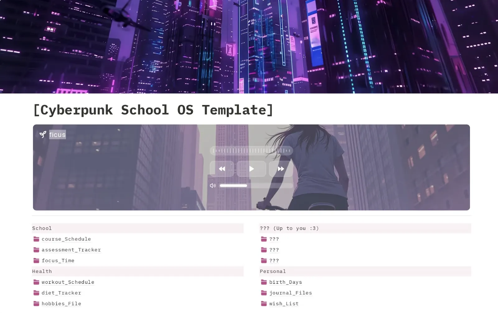 Modèles Notion esthétiques : Suivi scolaire cool et esthétique sur le thème cyberpunk via Notion