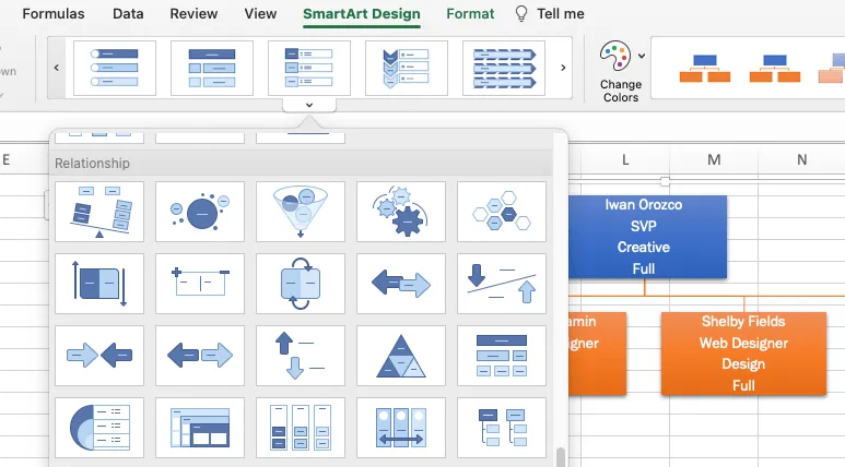 mở đồ họa smartart để sử dụng mẫu biểu đồ tổ chức trong excel