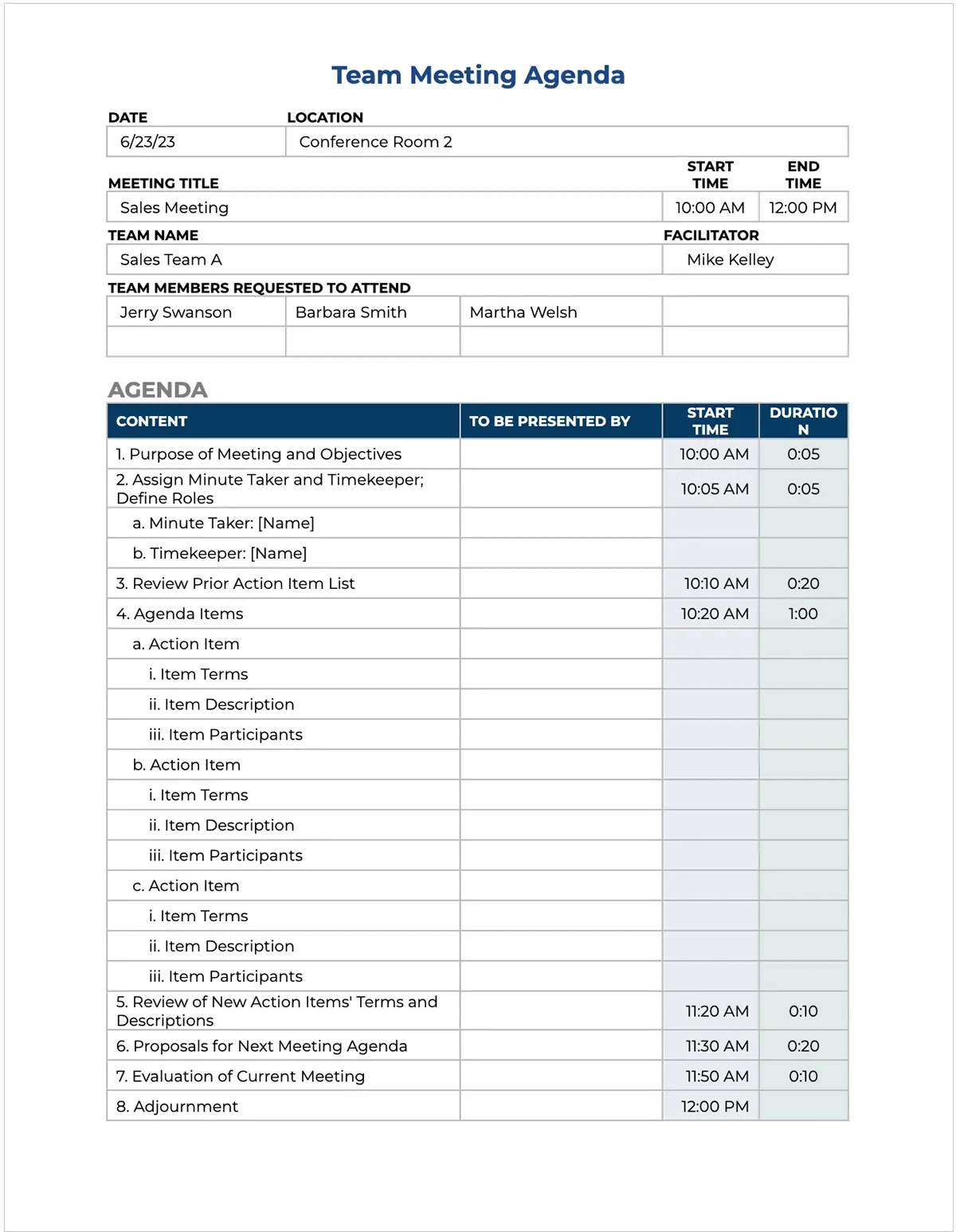 Vorlage für die Tagesordnung von Team-Meetings in Google Docs