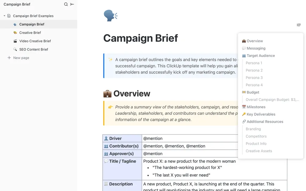 Modelo de briefing de campanha do ClickUp