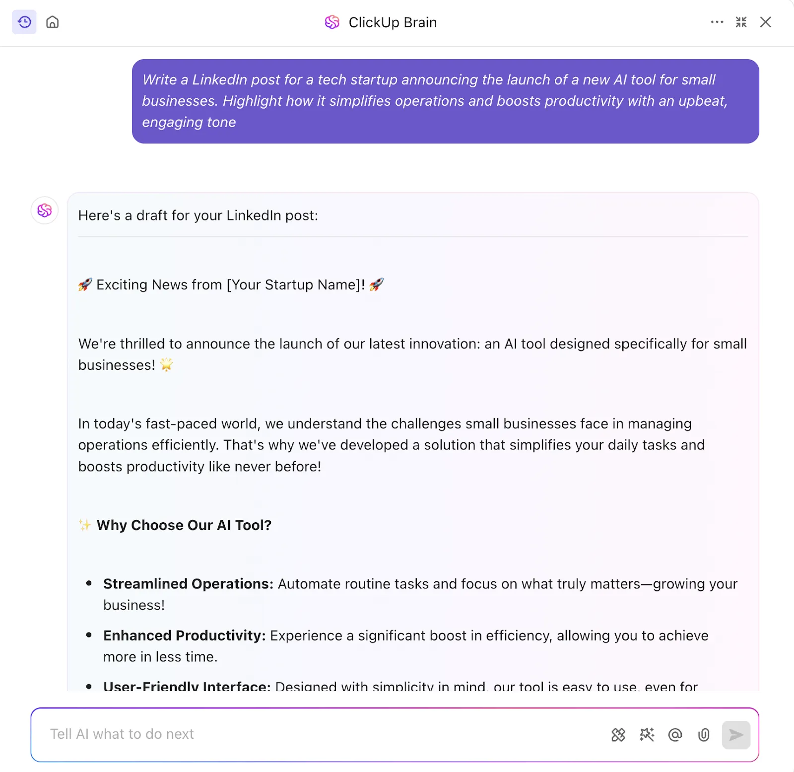 Modello di reportistica sui social media: crea rapidamente contenuti accattivanti per i social media con ClickUp Brain, l'intelligenza artificiale nativa di ClickUp.