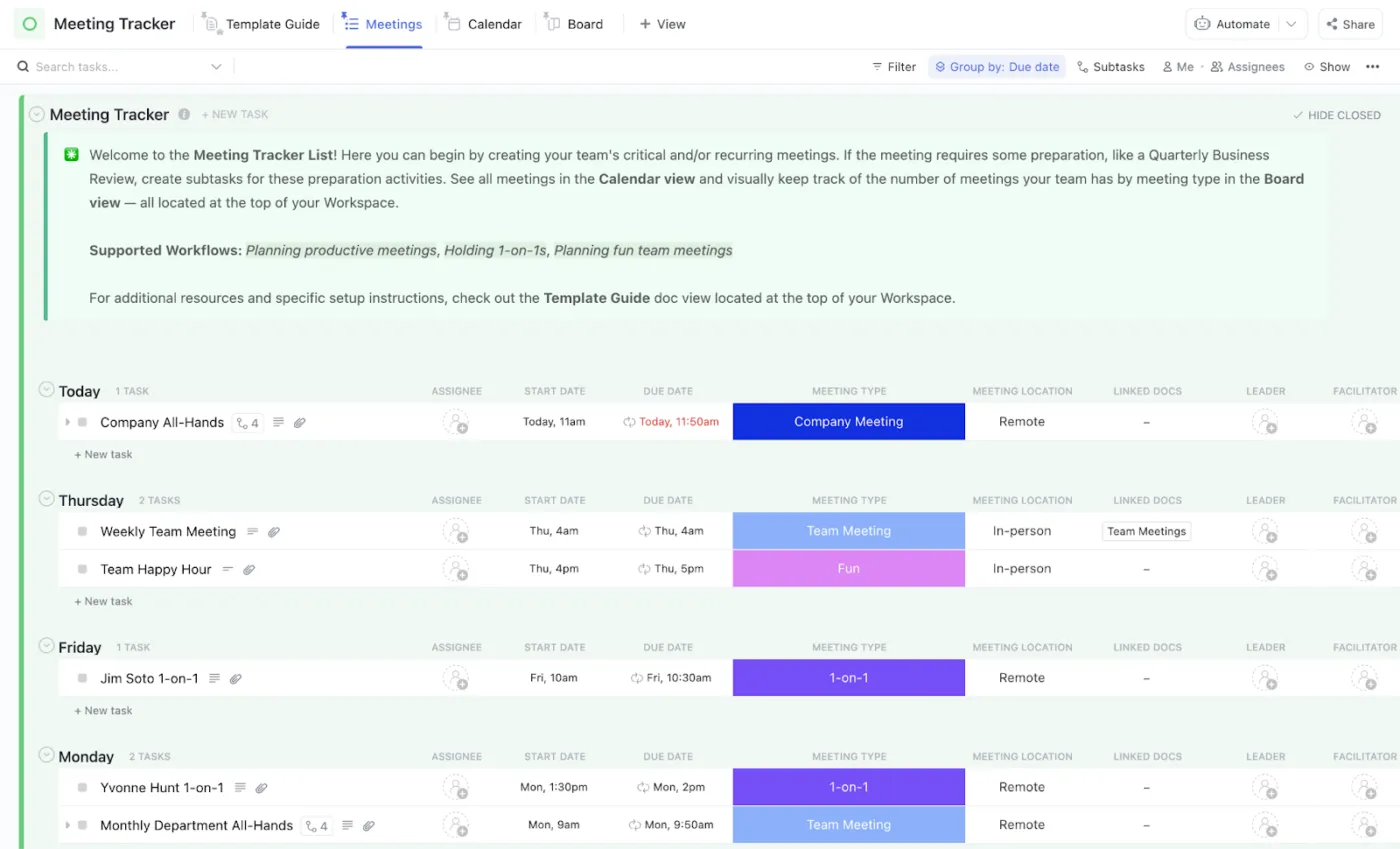 Sledujte účast na svých schůzkách pomocí šablony ClickUp Meeting Tracker.