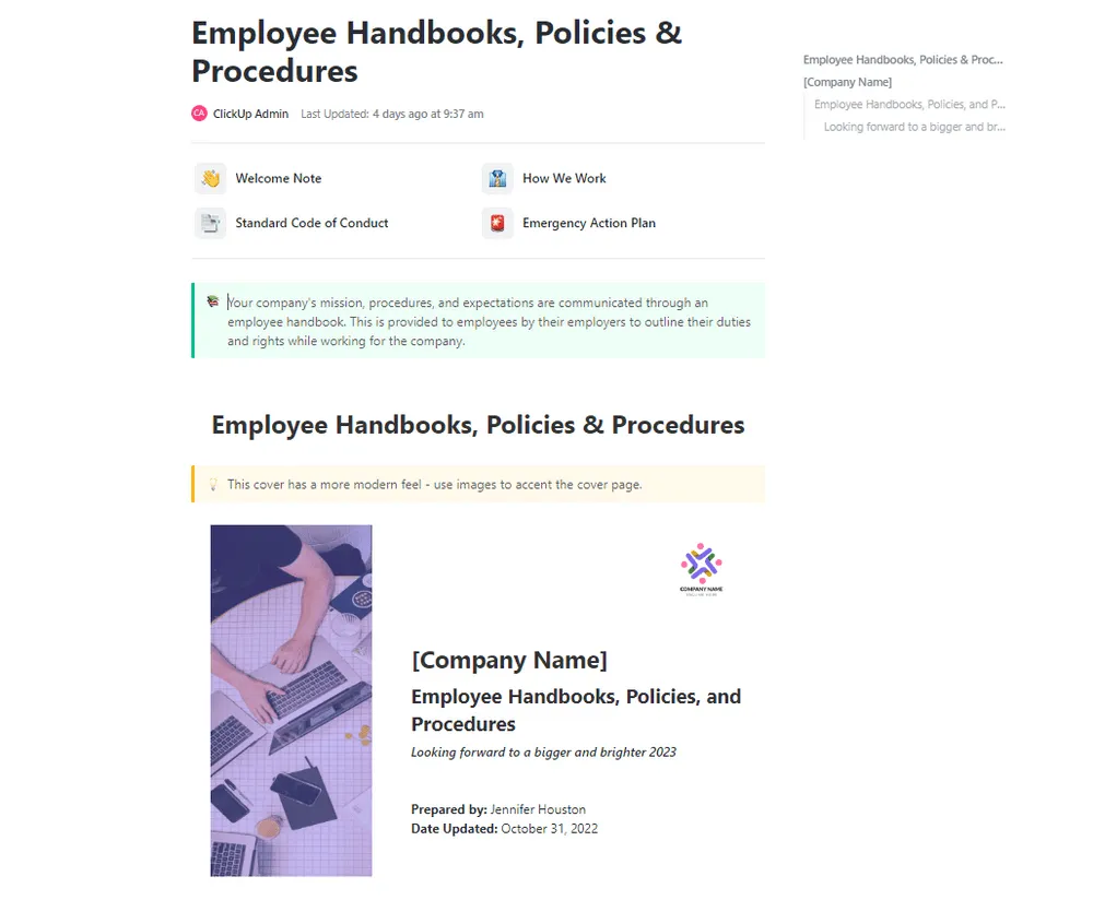 Modelo de manual do funcionário e políticas da ClickUp