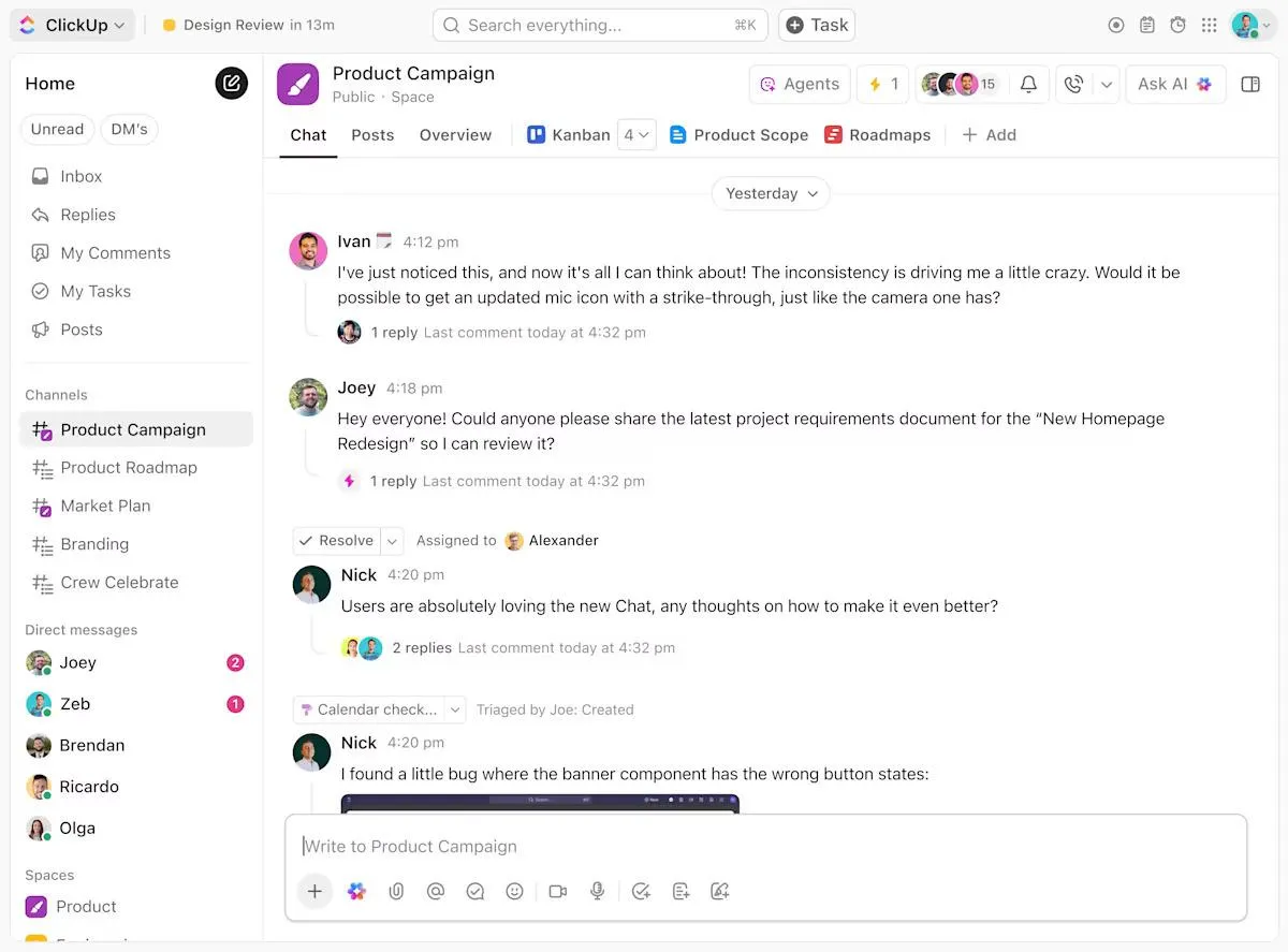 Nhận cập nhật thời gian thực về quá trình ra mắt qua ClickUp Chat - Sổ tay ra mắt sản phẩm