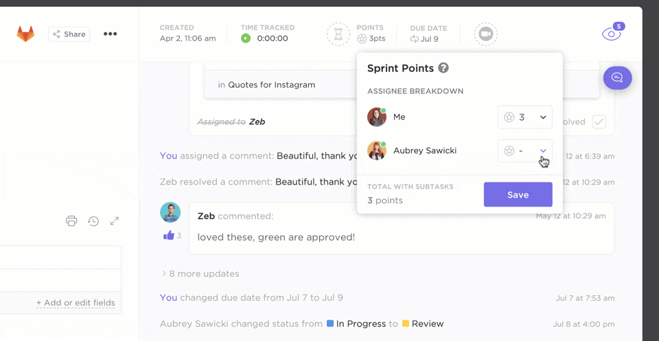 Puntos de sprint de ClickUp
