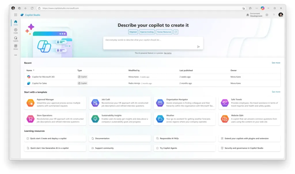 لوحة معلومات Microsoft Copilot Studio