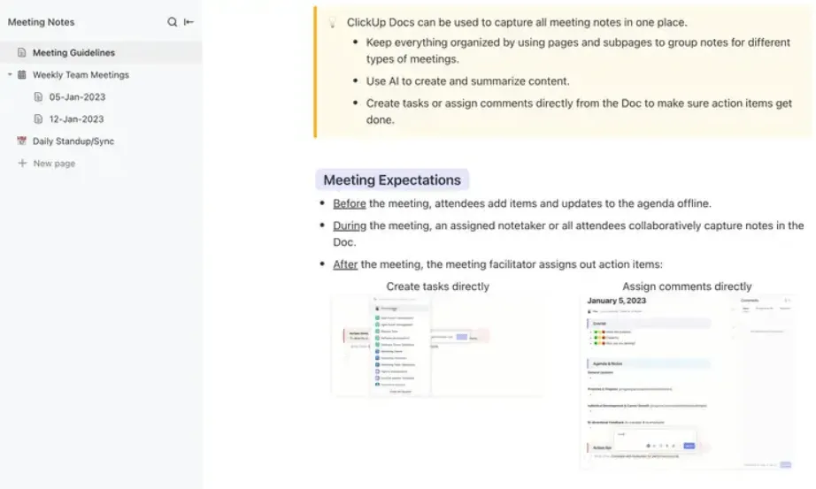 Erstellen Sie sofort Notizen, delegieren Sie Aufgaben und bringen Sie Struktur in Ihre Meetings mit der ClickUp-Vorlage für Meeting-Notizen.