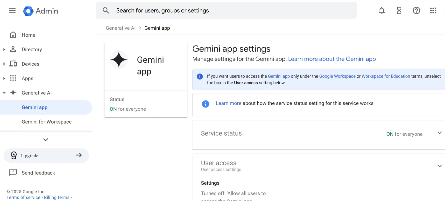 Paramètres Gemini pour l'environnement de travail de Google