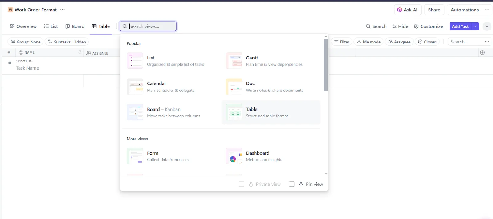Configure seu espaço de trabalho usando a visualização de tabela do ClickUp