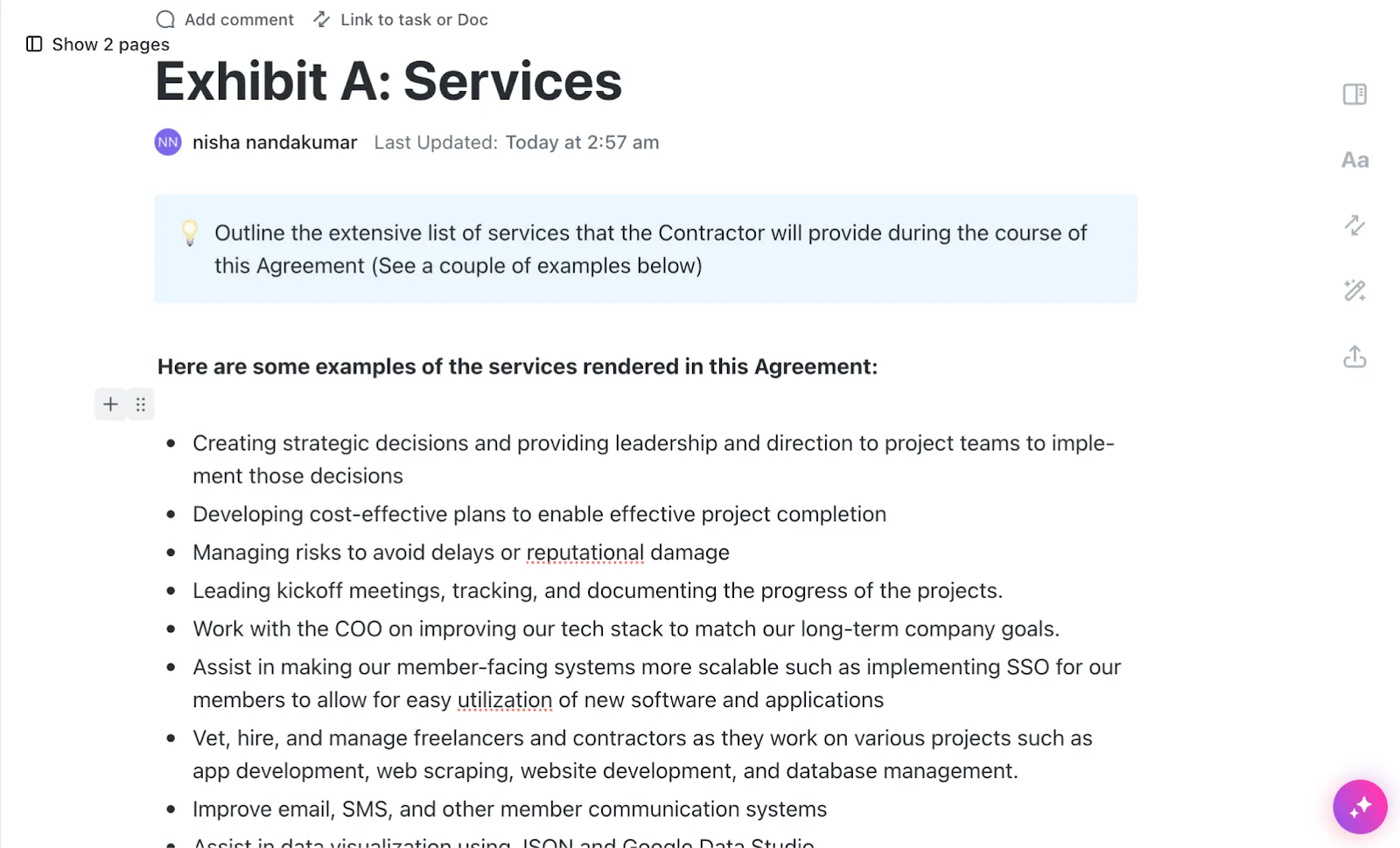 Standardisez les contrats à l'échelle de l'organisation grâce au modèle de contrat de sous-traitance ClickUp.