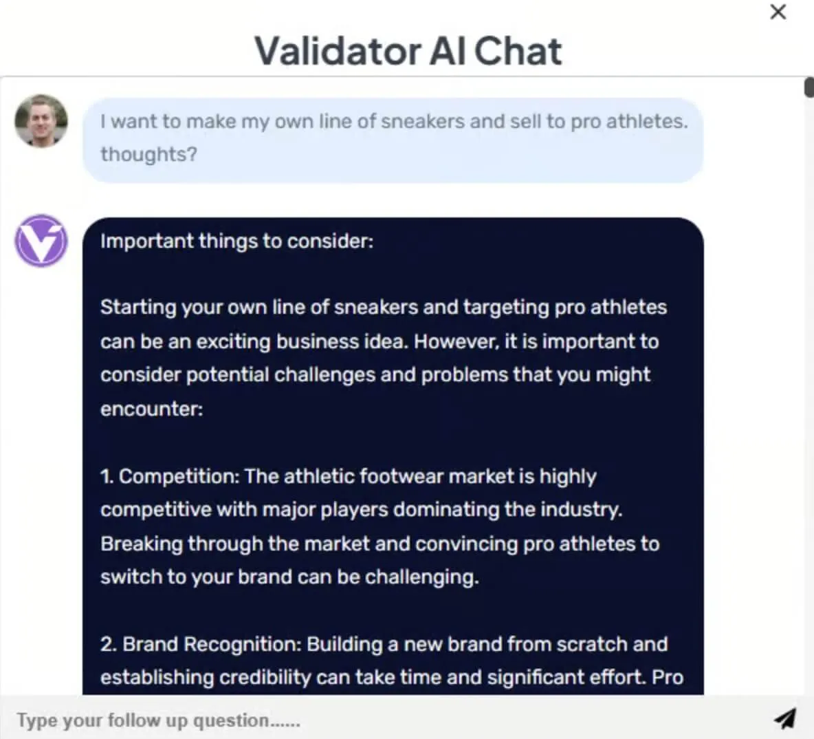 Công cụ AI cho tư vấn: Ảnh chụp màn hình hộp trò chuyện của Validator AI
