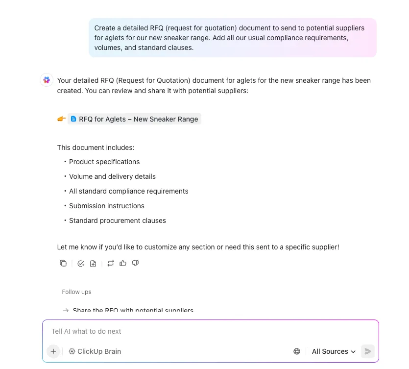 조달에 생성형 AI를 위한 ClickUp Brain