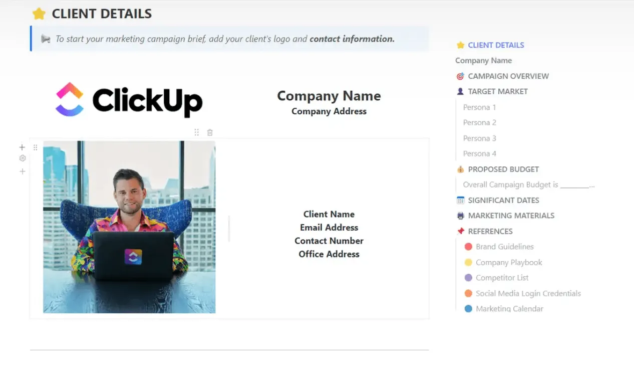 Plantilla de resumen de campaña de marketing de ClickUp
