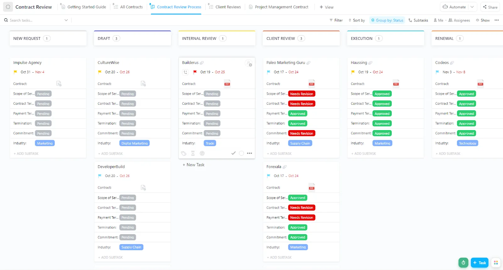 Obtenha o modelo gratuito: Modelo de revisão de contrato ClickUp