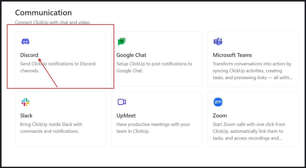 Cách thêm lịch vào Discord: Chọn 'Discord' từ 'Giao tiếp'