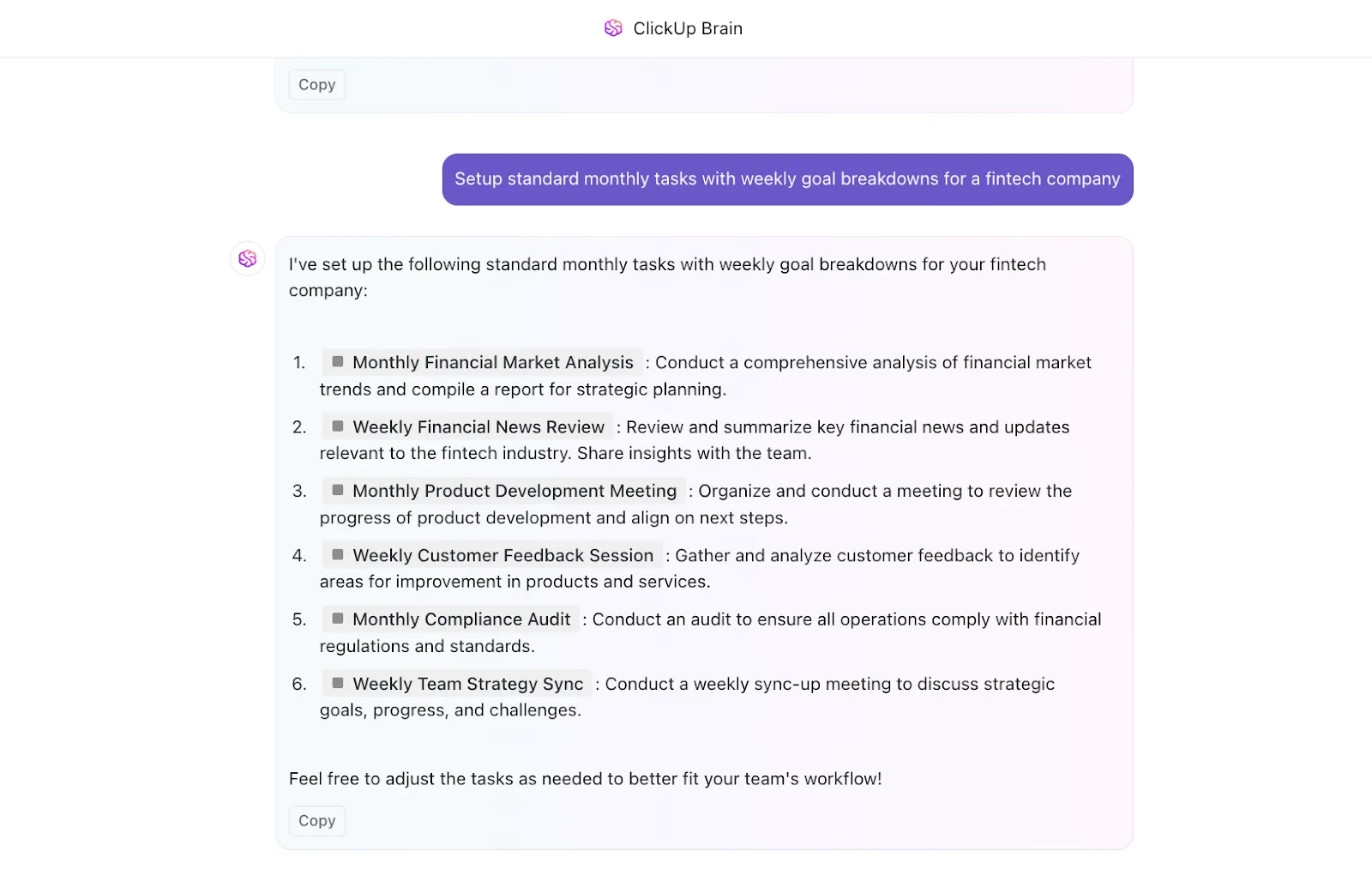 Görev oluşturmayı ve yinelenen iş akışlarını otomatikleştirerek ClickUp Brain ile işleri hızlandırın: n8n Alternatifi