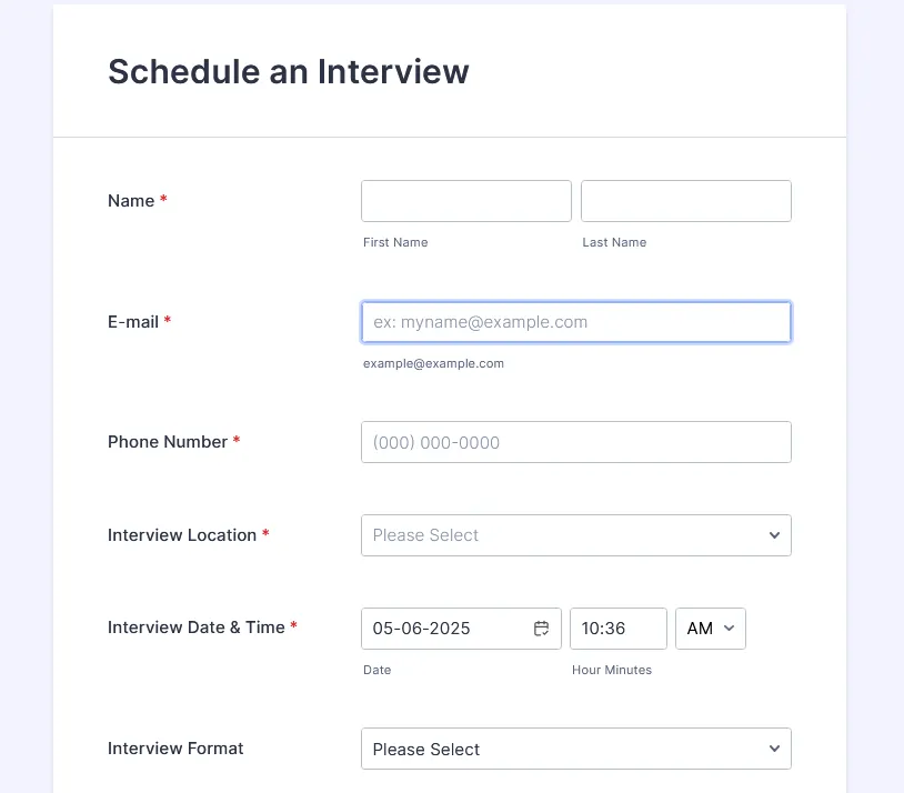 Jotform'un Mülakat Programı Formu Şablonu: Mülakat Programı Şablonu