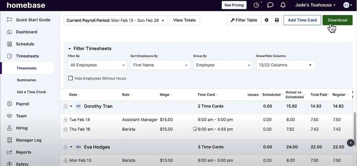 Trang Timesheets của Homebase
