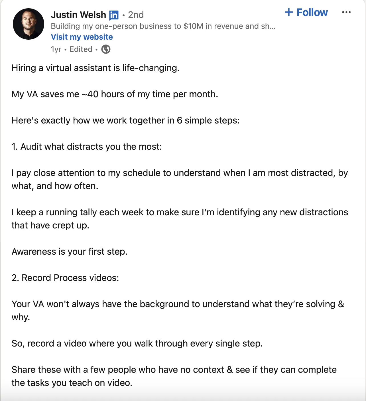 Publicación en LinkedIn sobre la importancia de un asistente virtual.