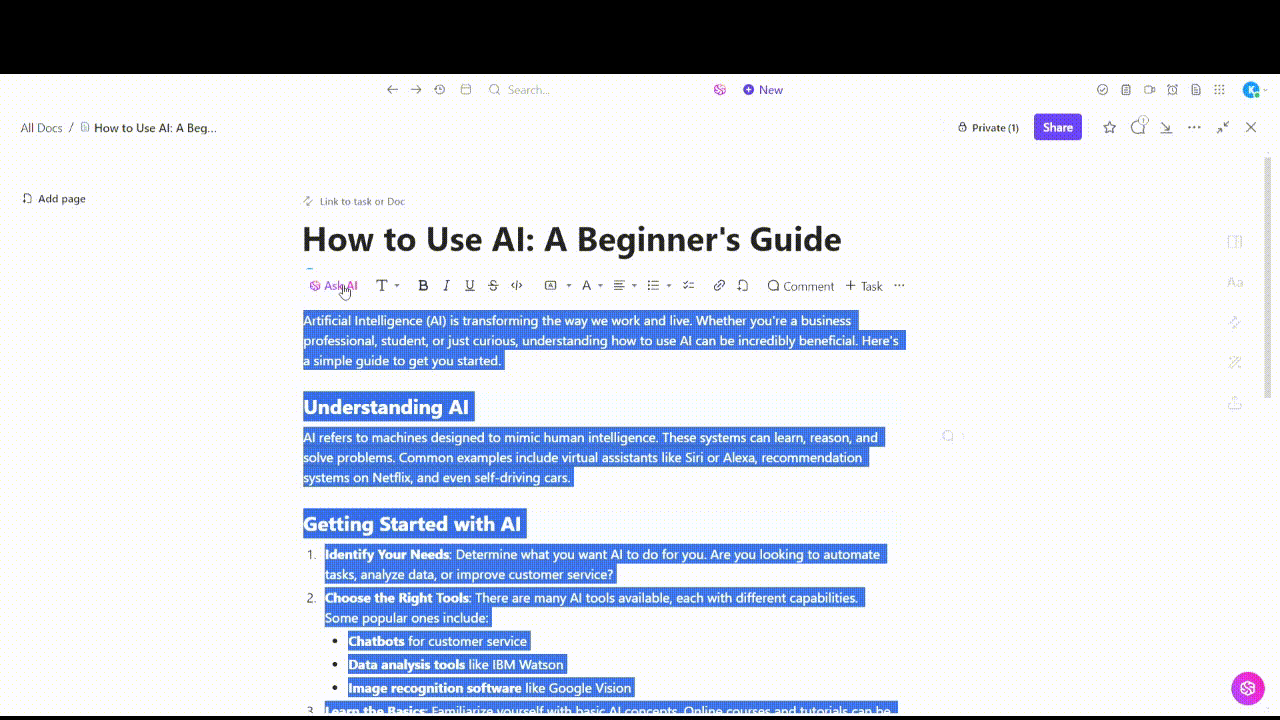 ClickUp Brain in ClickUp Docs