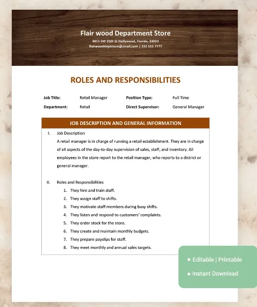 Microsoft Word-mall för arbetsroller och ansvarsområden från Template.net
