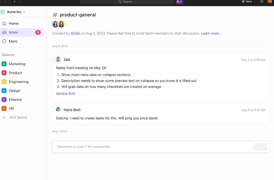 Chat de ClickUp Vista