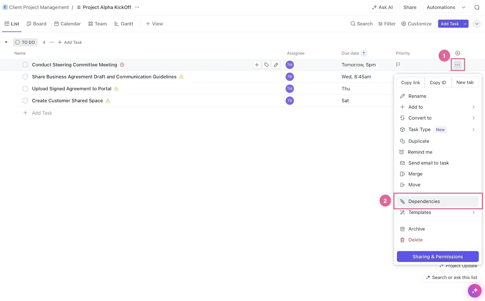 Establece dependencias entre tareas en los detalles de las tareas en ClickUp.