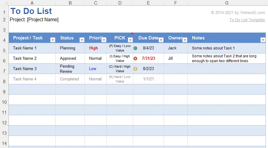 Modèle de liste à faire Excel par Vertex42