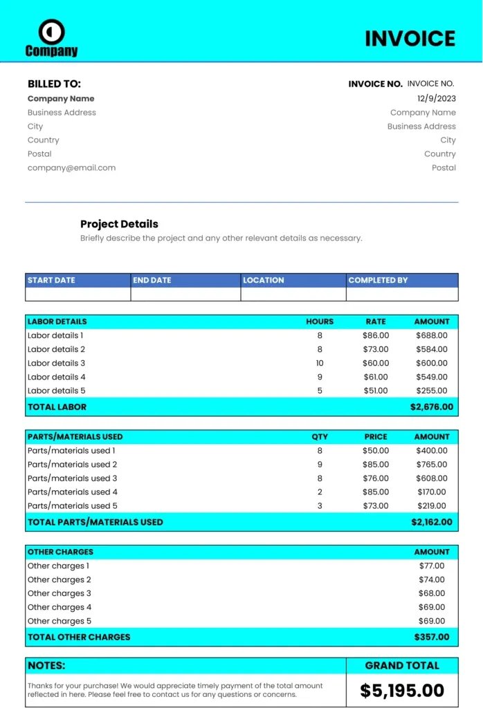 เทมเพลตใบแจ้งหนี้สำหรับผู้รับจ้างใน Google Sheets โดย Coefficient
