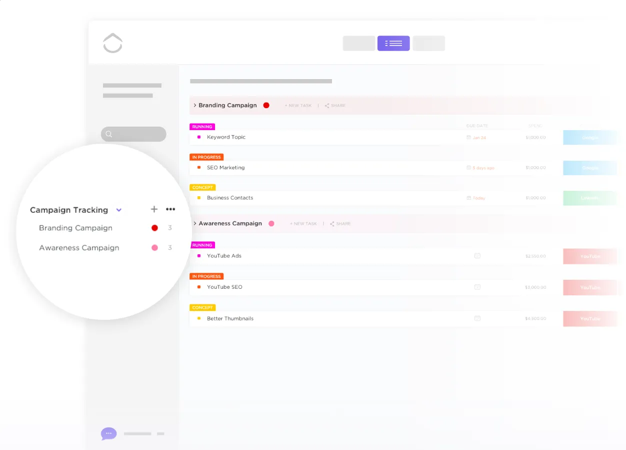 Modello di reportistica sui social media: modello di monitoraggio e analisi delle campagne ClickUp