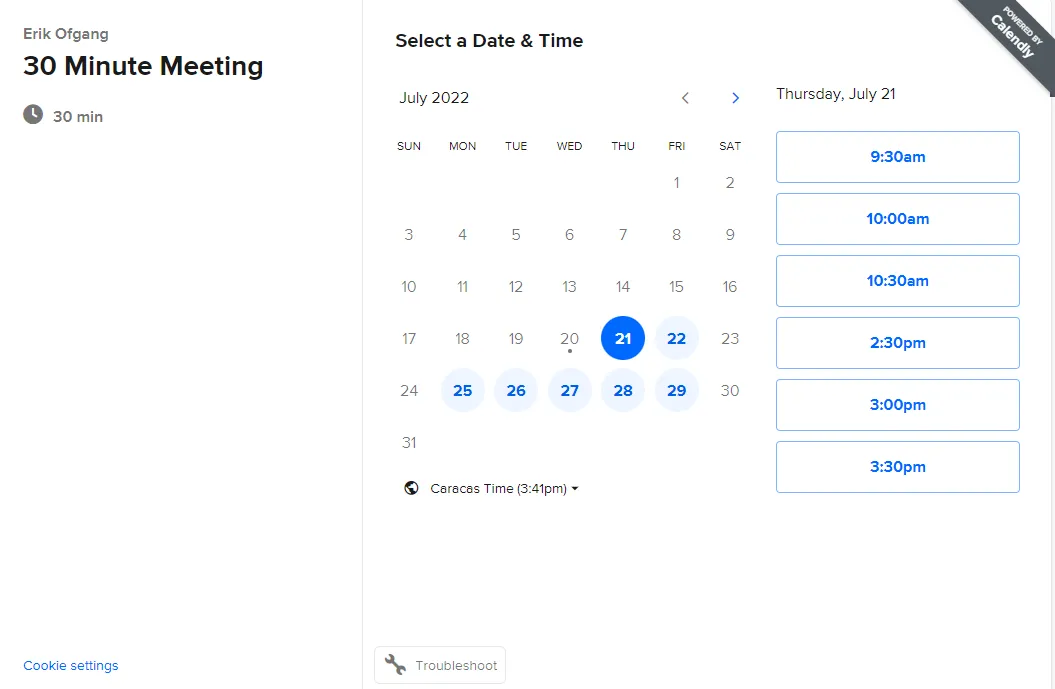 Screenshot del calendario delle disponibilità di Calendly