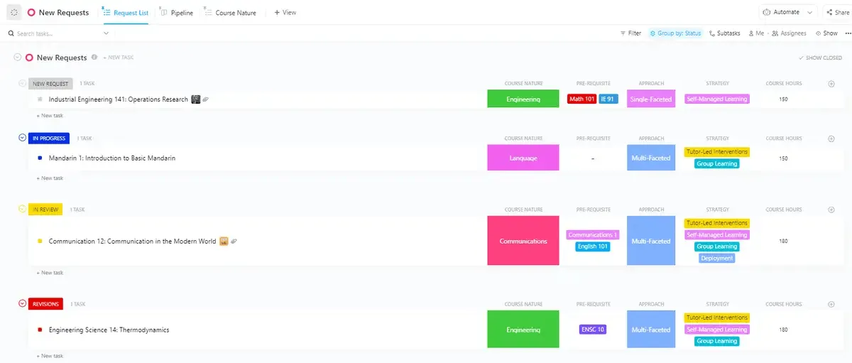 ClickUp tanulási és fejlesztési projekt
