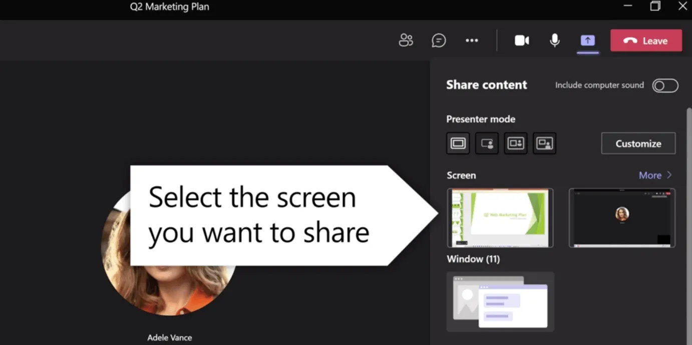 Compartilhamento de tela no Microsoft Teams