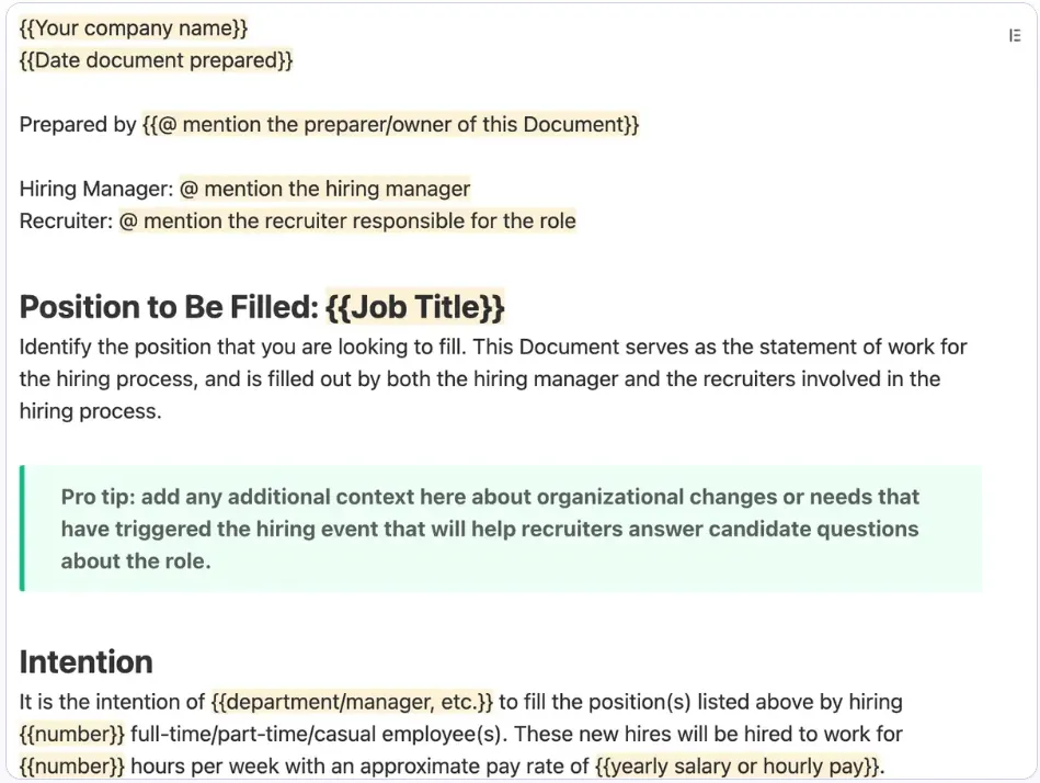 Documente todas as informações importantes sobre contratação com o modelo de documento de estratégia de recrutamento do ClickUp.