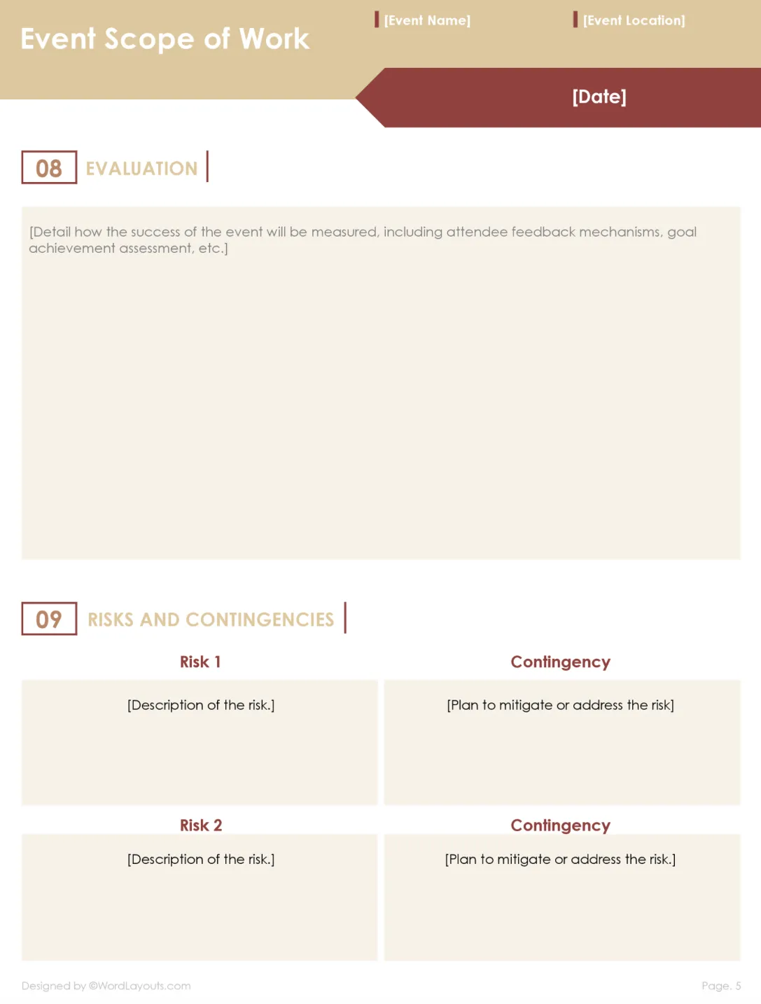 قالب نطاق عمل الحدث Google Docs بواسطة WordLayouts: تصميم منظم لإدارة تفاصيل الحدث يمكنك تنزيله