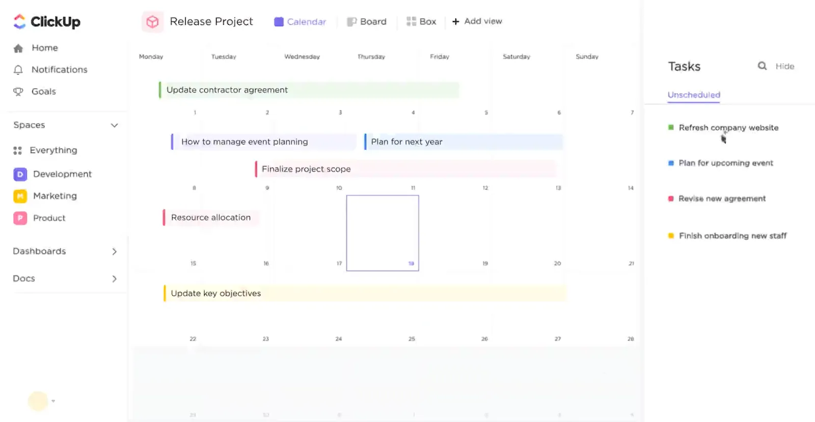 PMBOK : vue du Calendrier de ClickUp