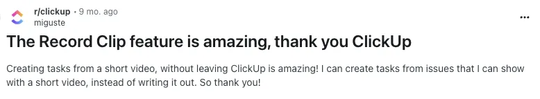 ความคิดเห็นของผู้ใช้ Reddit เกี่ยวกับ ClickUp Clips