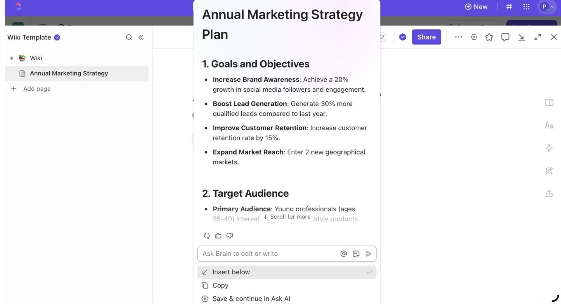 ClickUp Brain في Docs: اكتب واعرض وصحح المحتوى داخل Docs باستخدام الذكاء الاصطناعي المعدّل ليناسب سياق مساحة العمل