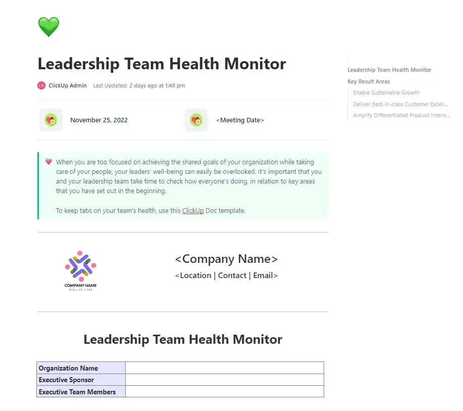 Verstehen Sie Selbsttäuschung mit der ClickUp-Vorlage „Leadership Team Health Monitor“ (Gesundheitsmonitor für Führungsteams).