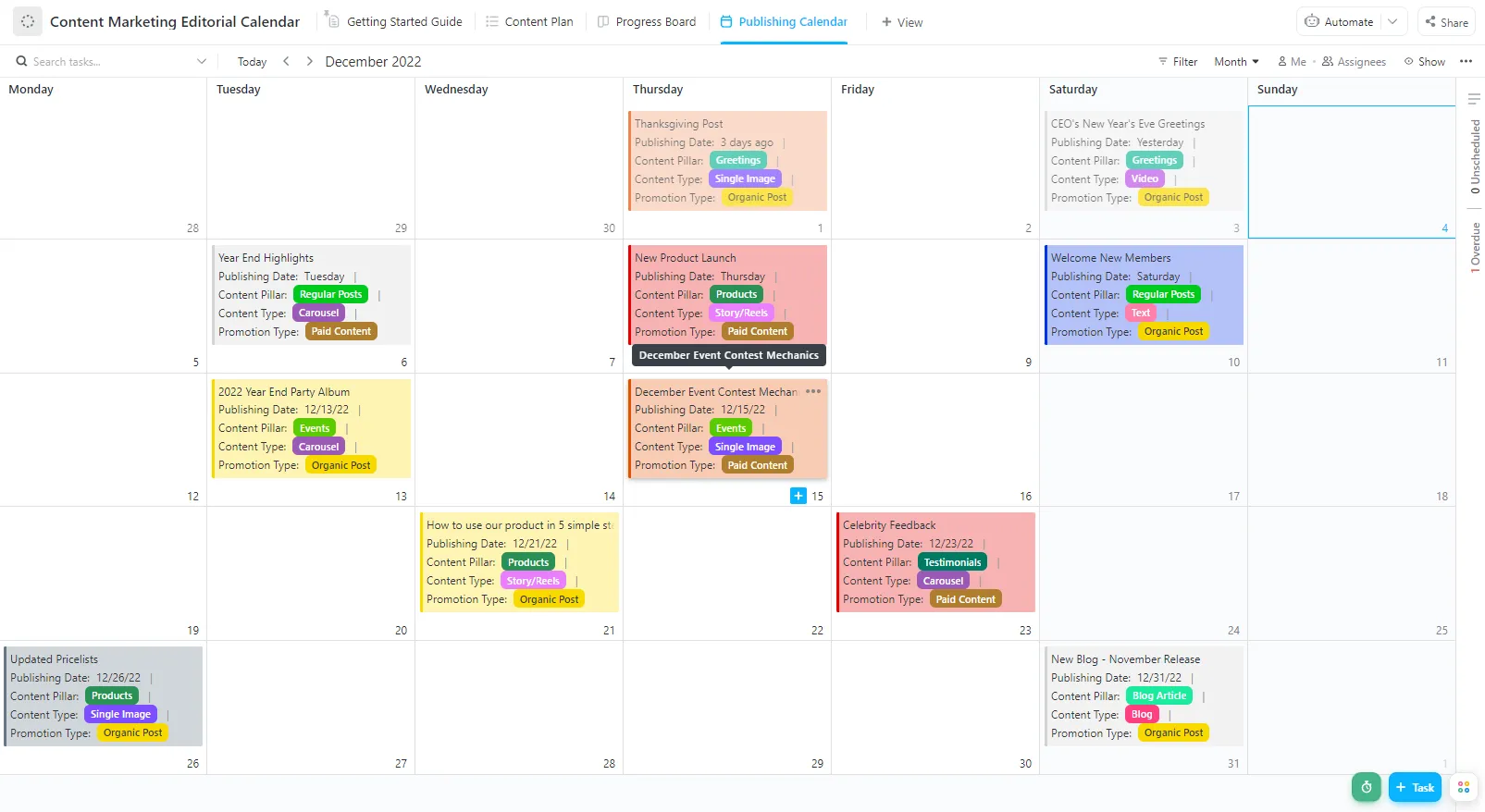 Visualiseer en beheer je contentmarketing-werkstroom met de ClickUp-sjabloon voor een redactionele contentmarketingkalender