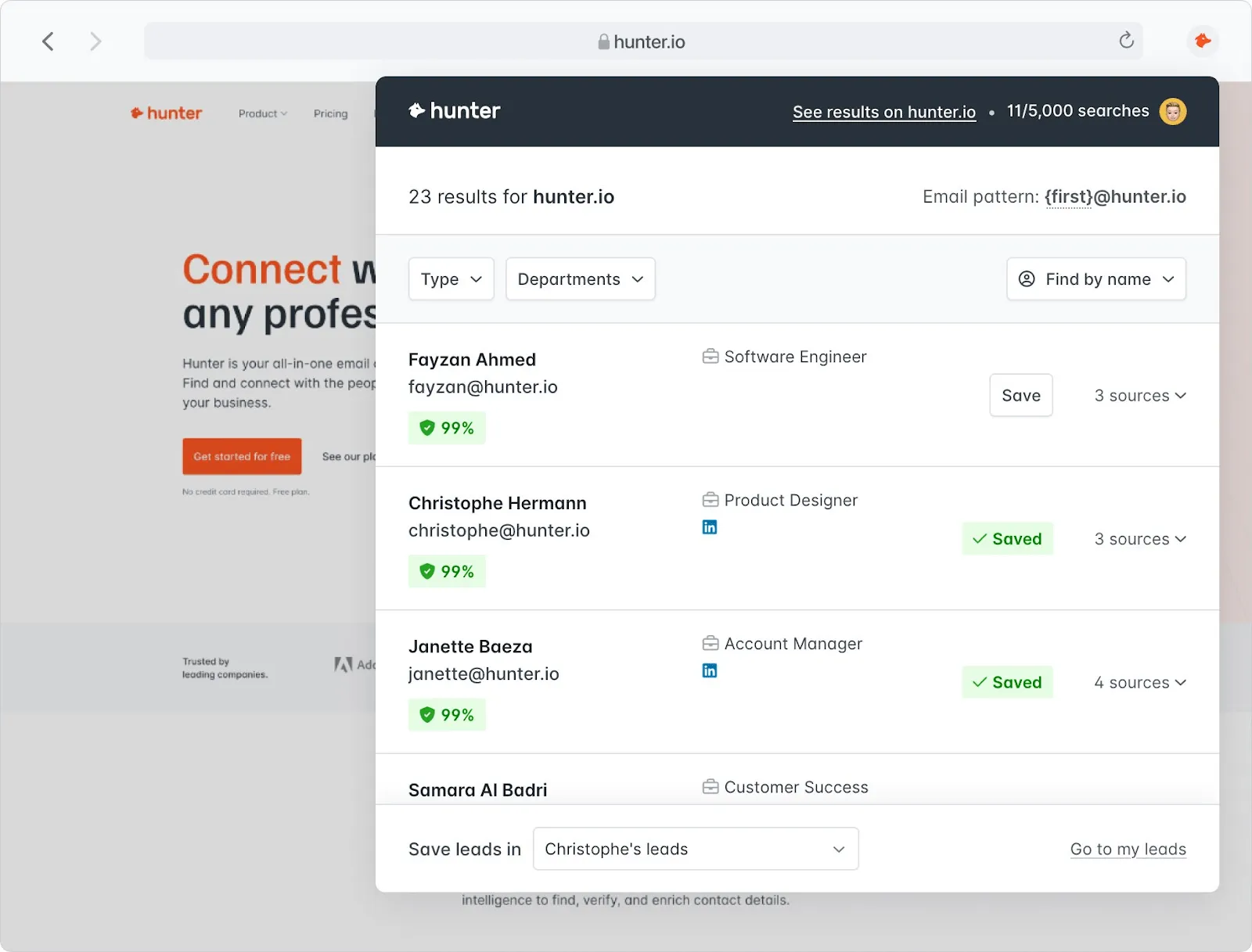 Hunter.io: قاعدة بيانات جهات الاتصال B2B