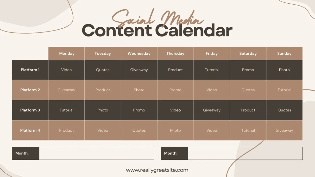 Template Kalender Konten Media Sosial Mingguan dengan Estetika Cokelat