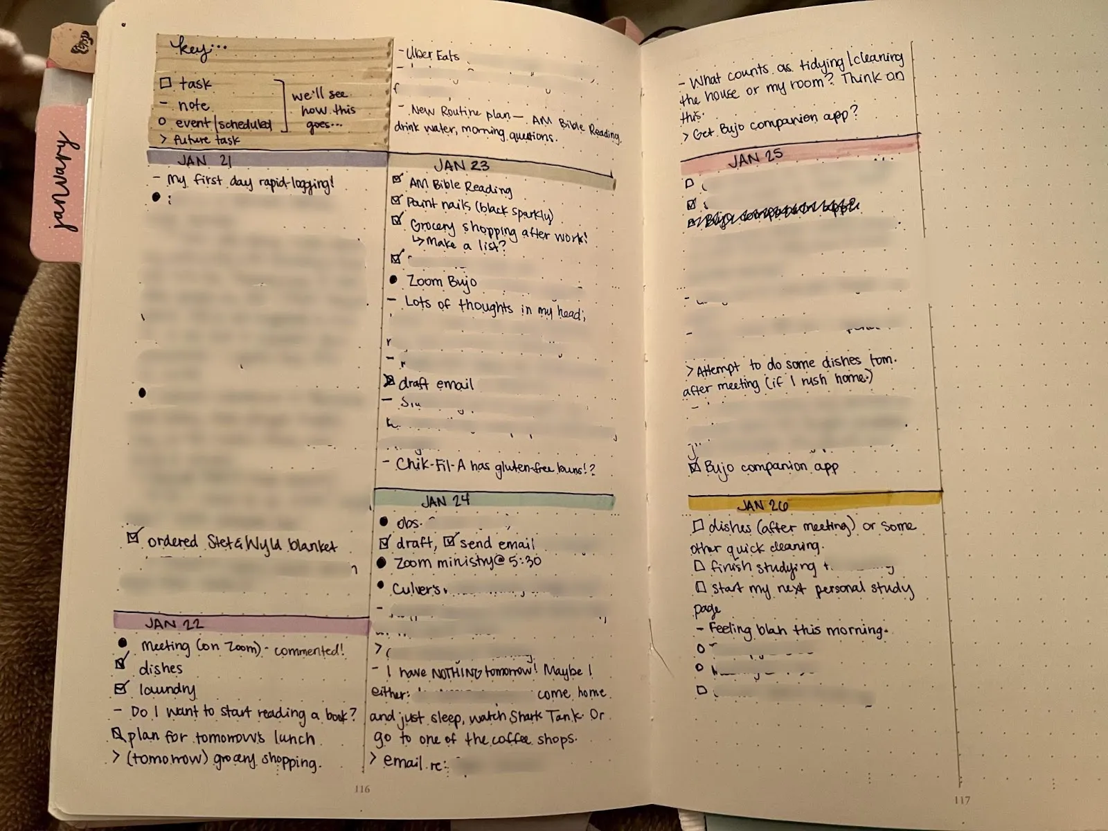 Una rapida registrazione quotidiana in un bullet journal, che mostra il potere dei simboli semplici per organizzare attività e note.