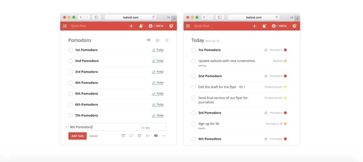 Fluxo de trabalho Pomodoro no Todoist
