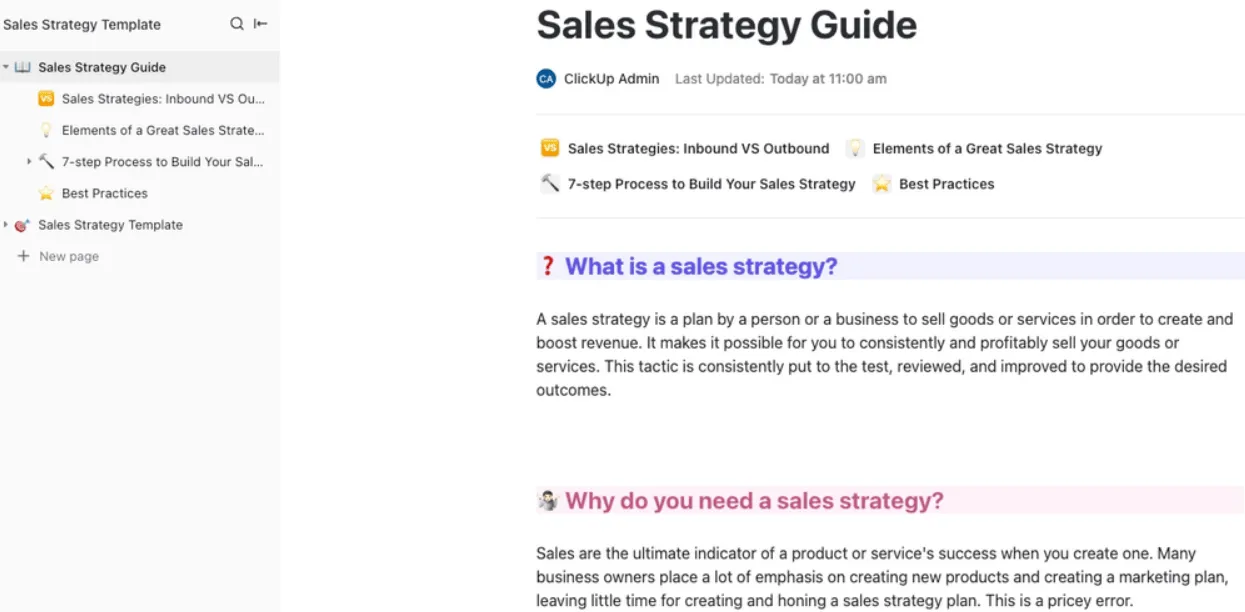 Modèle de guide stratégique de vente ClickUp