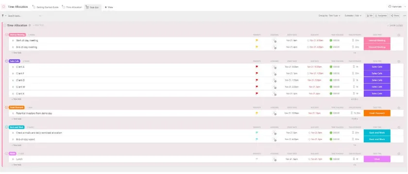 Šablona pro přidělování času ClickUp: šablona pro blokování času Google Sheets