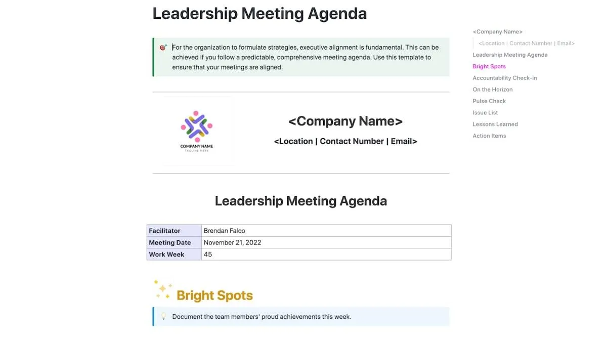Modèle d'agenda de réunion ClickUp