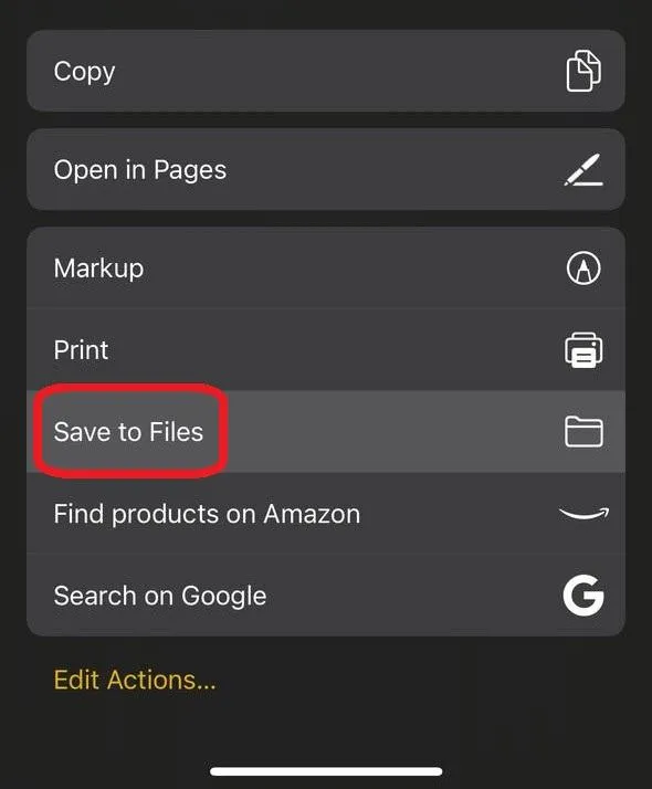 Menu Enregistrer les fichiers dans Apple Notes sur iPhone