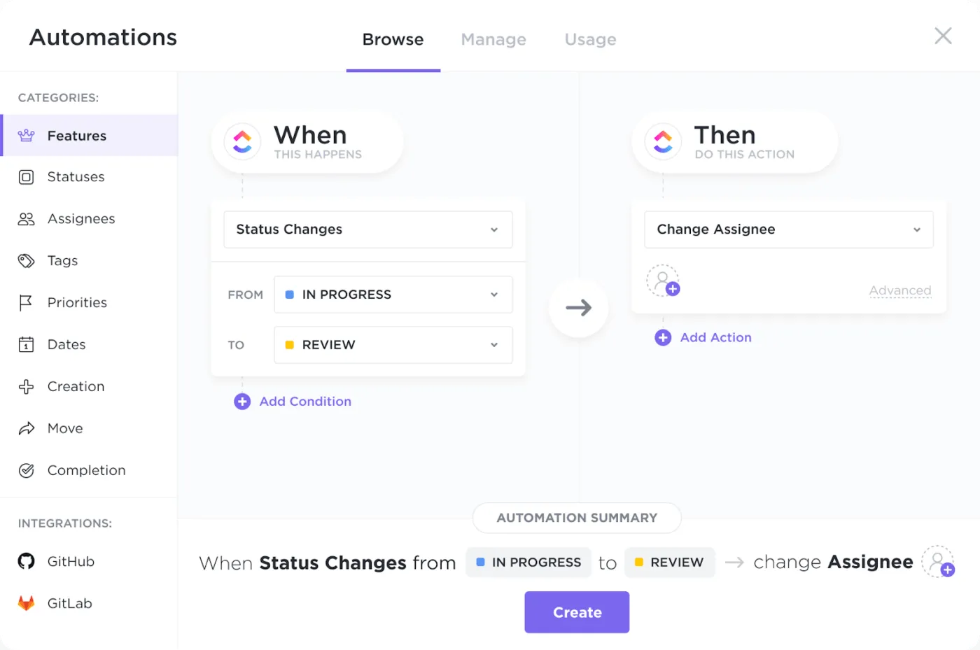 ClickUp Automations : logiciel gratuit de gestion de projet de construction