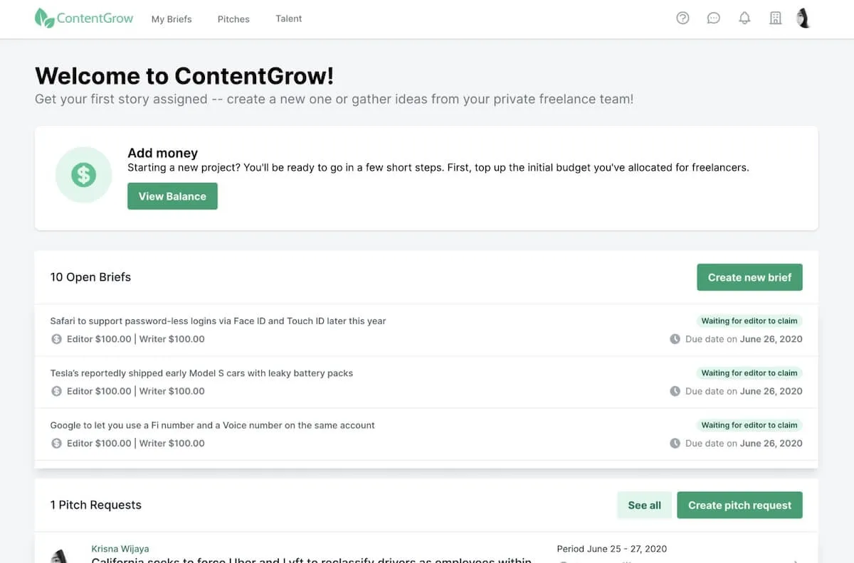 Página inicial do ContentGrow